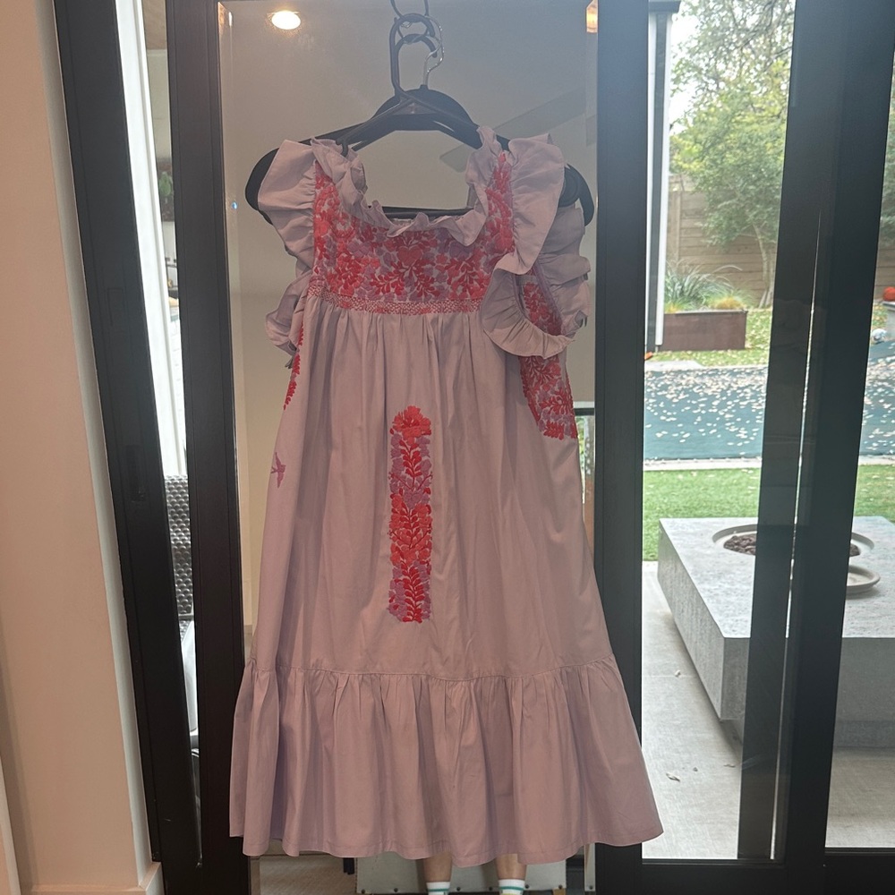Mi Golondrina Lilac Ruffled Dress with Pink-Purple Embroidery